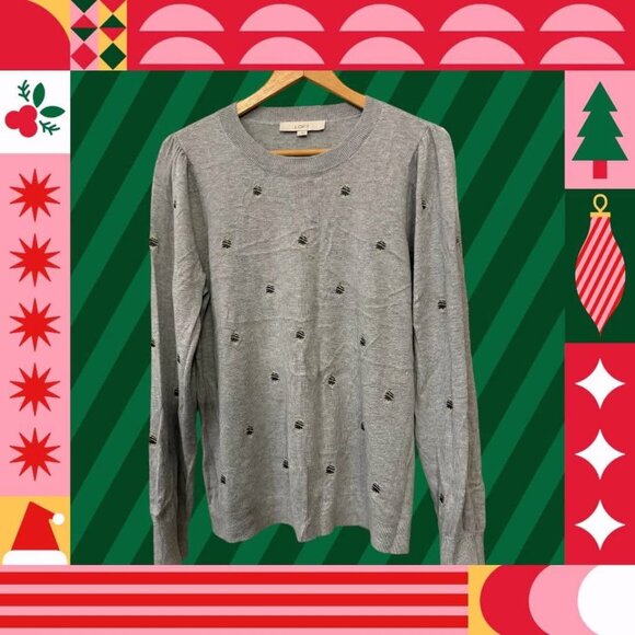Women’s Loft Christmas Crewneck Sweater Gray with Green Trees, Gold Trim, Size L - Picture 1 of 10